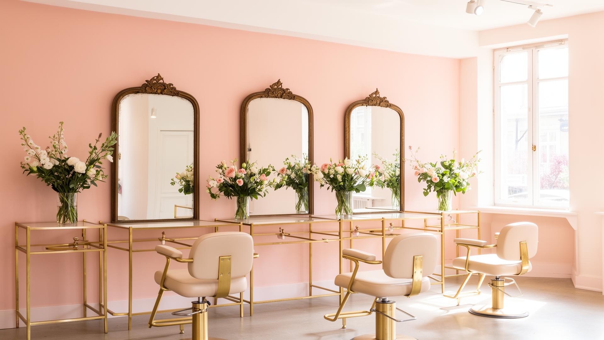 Pink salon interior with brass fixtures and floral arrangements