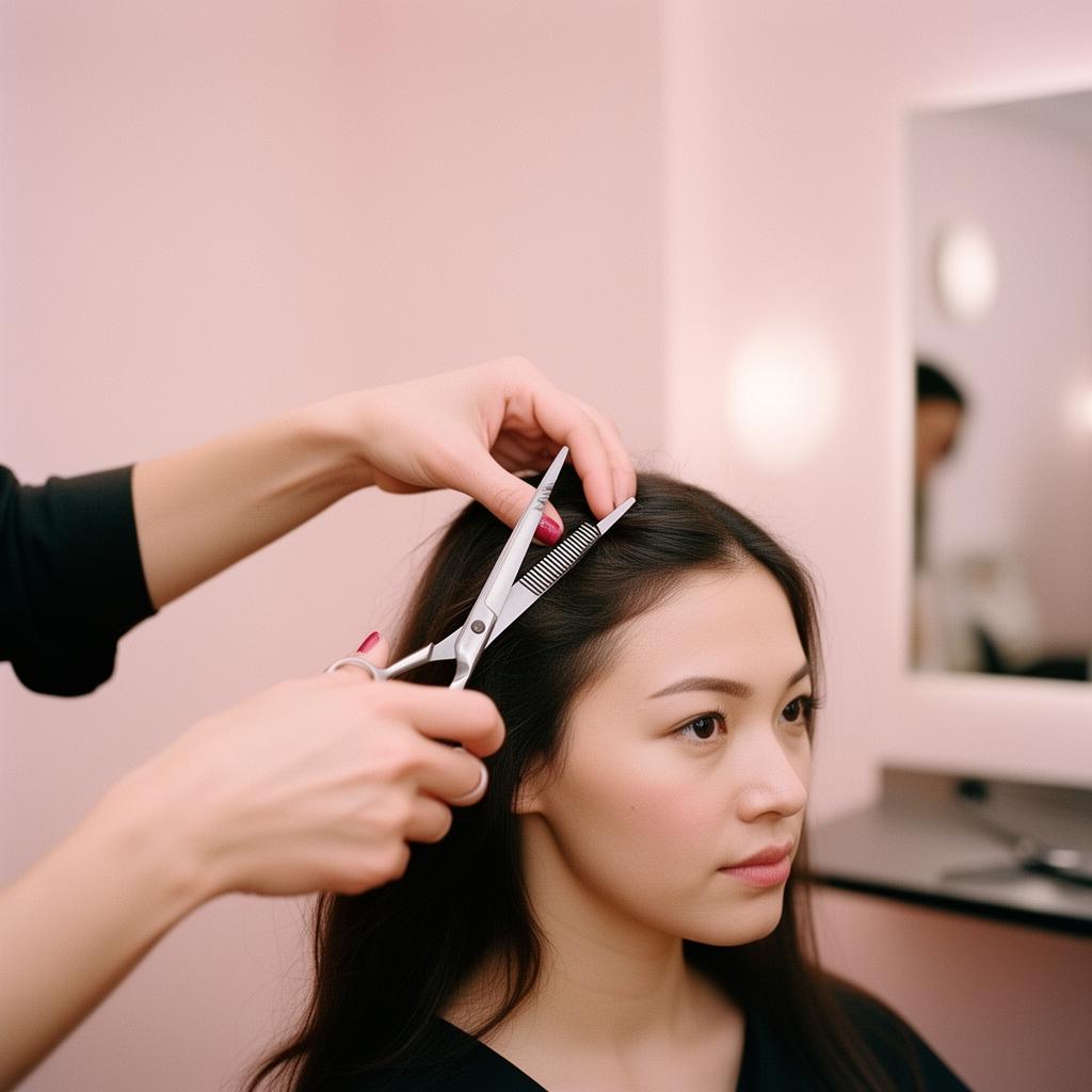 Stylist trimming hair with scissors